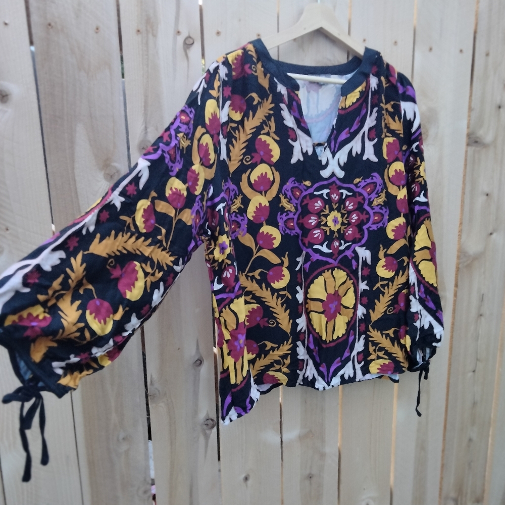 Haute Hippie Boho Floral Ikat Print Womens Peasant Blouse Plus Size 1X Lagenlook